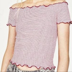 Zara Red and White Striped Off the Shoulder Top